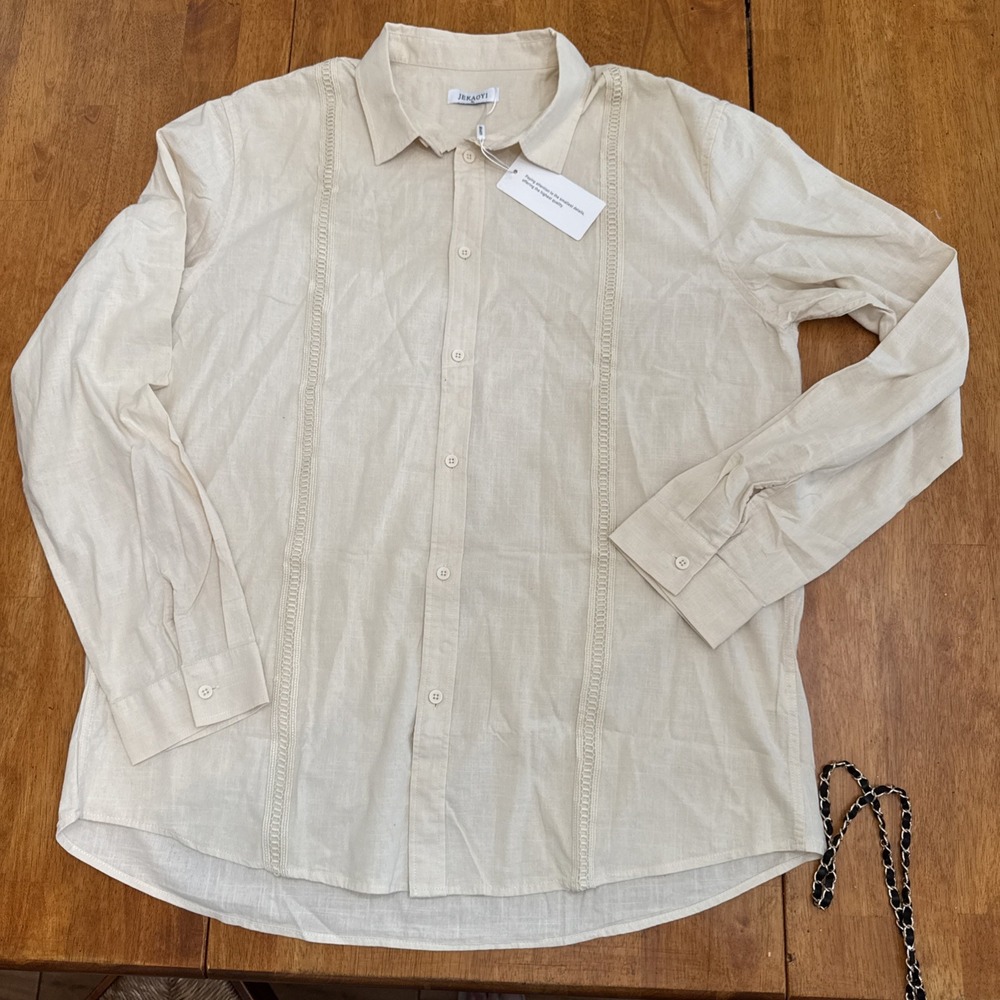 Jekaoyi Shirt Mens Size XL Beige cotton Linen Blend Button Down Beach Shirt LS